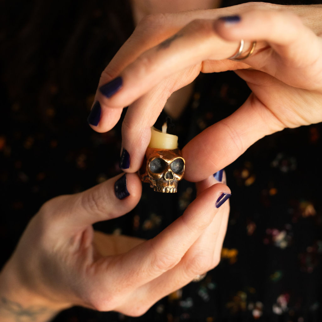 ALTAR ESSENTIALS :: Bronze Chime Candle Holder :: Skull