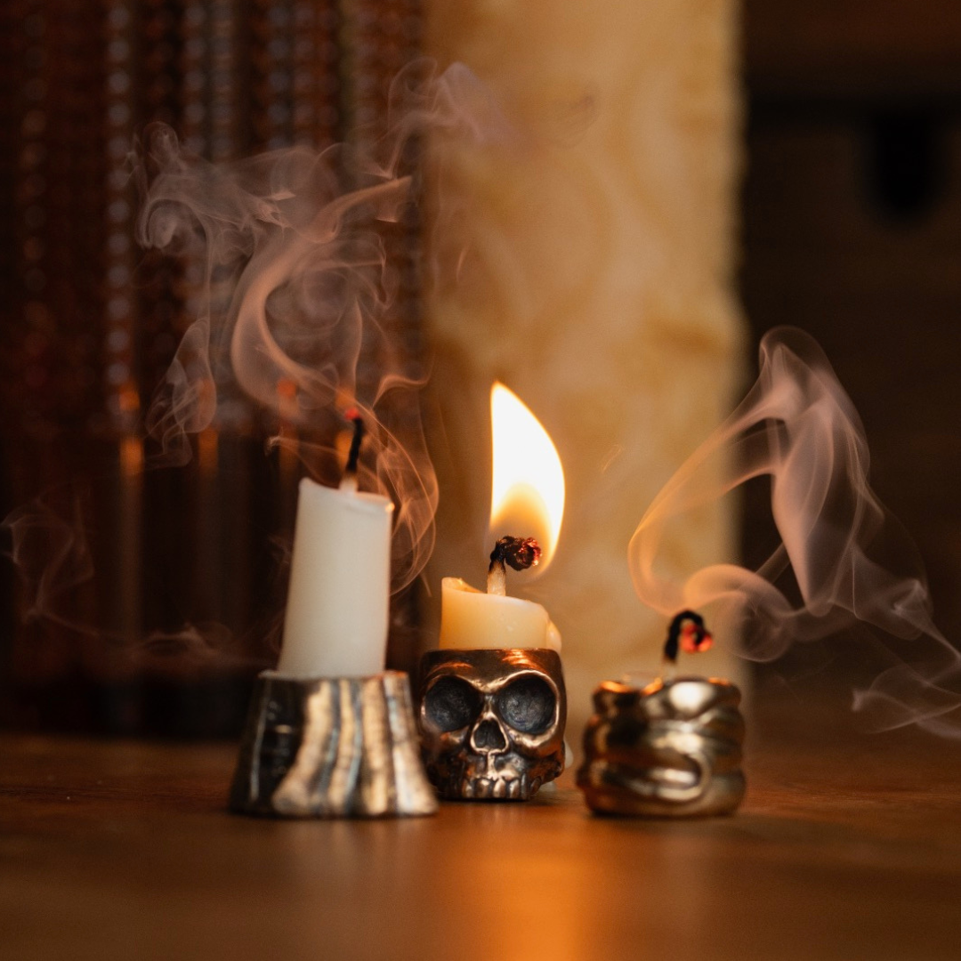 ALTAR ESSENTIALS :: Bronze Chime Candle Holder :: Skull