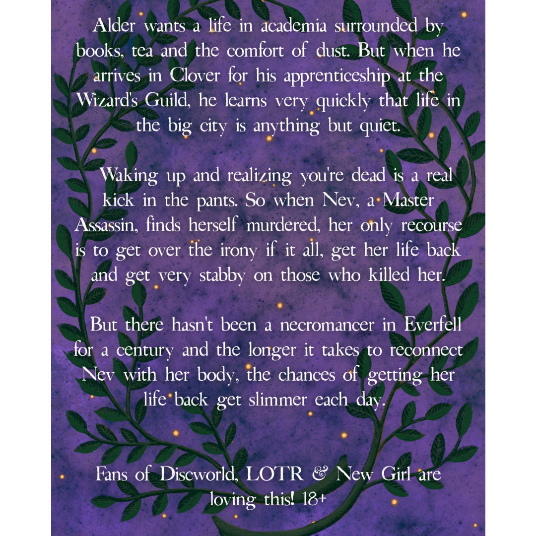 A square book cover featuring a purple background with a dark green leafy border and small yellow stars. White fantasy text is printed across the cover, with the title 'Alder Wants a Life in Academia' at the top and a tagline at the bottom reading 'Fans of Discworld, LOTR & New Girl are loving this 18+'.