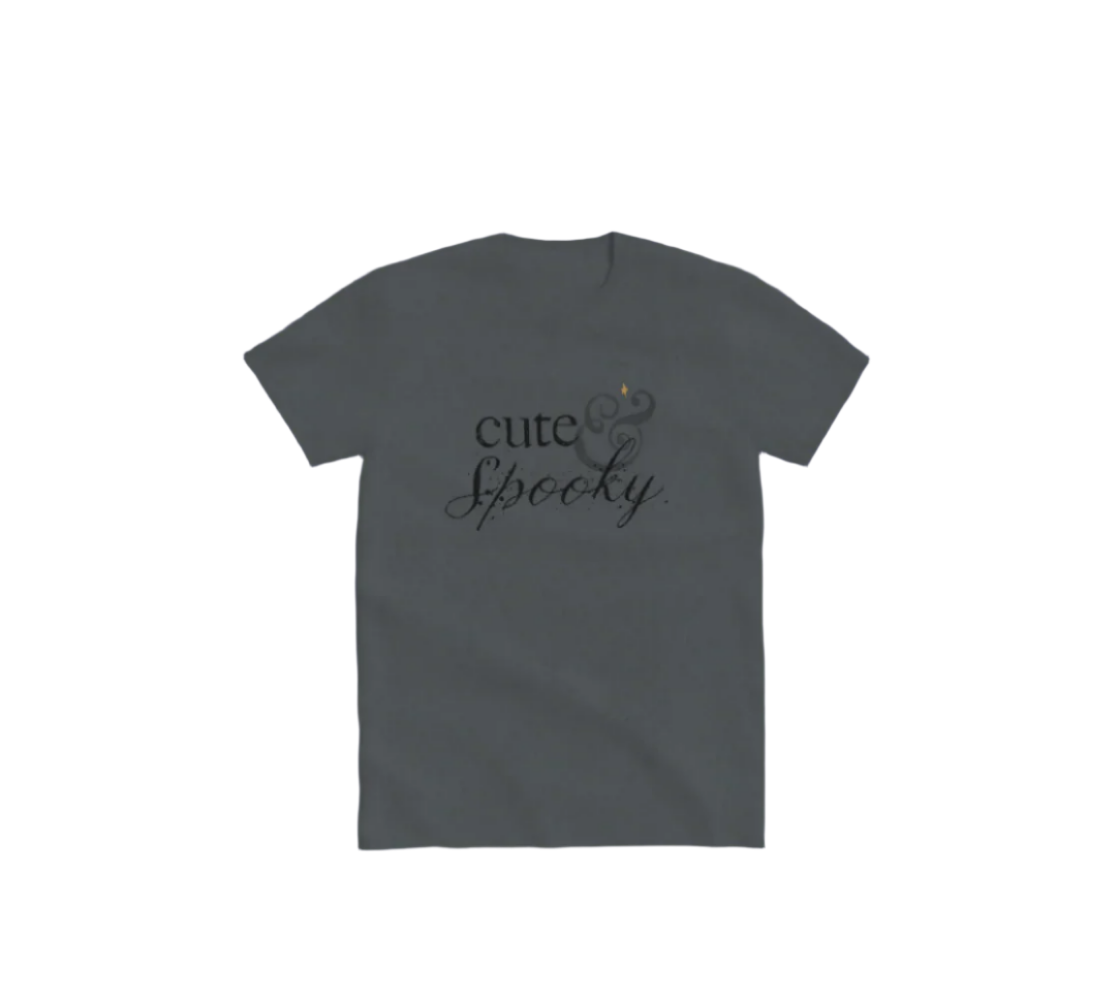 Gray t-shirt with &#39;cute &amp; Spooky&#39; text on a light gray background